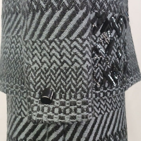 CHANEL  Gray Wool Print W Beads Jkt/ Skt/ Scarf.