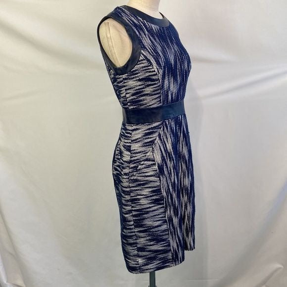 Milly Blue Print Sheath with Lamb Leather Trim Dress
