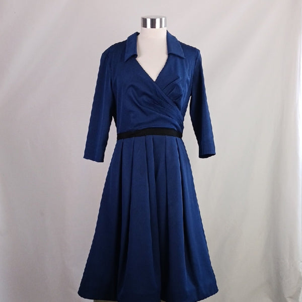 Pamella Roland Blue Pleated Bottom Fit Flare Dress w Collar