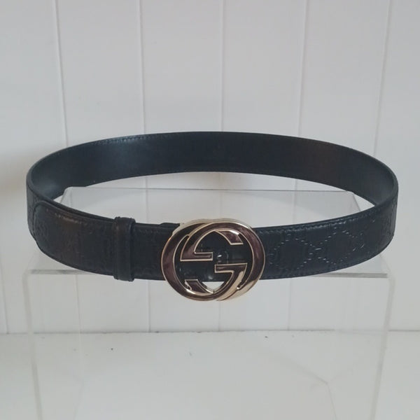 Gucci Black Guccissima Leather Embossed Belt with Gold GG Buckle