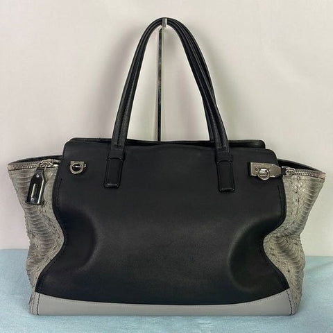 SALVATORE FERRAGAMO LARGE BLACK LEATHER AND GREY SNAKE BAG