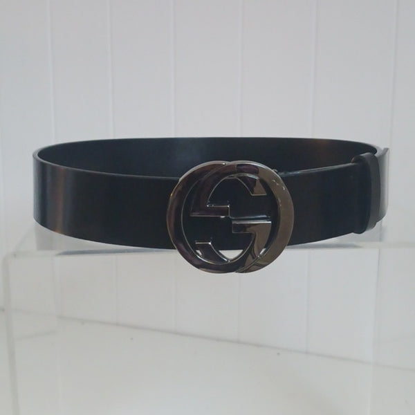 Gucci Black Interlocking Leather Belt with Silver GG Buckle.