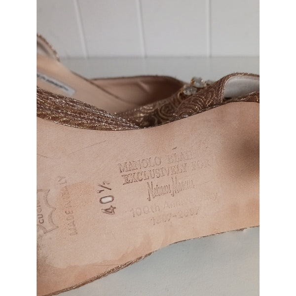 MANOLO BLAHNIK GOLD BROCADE W GOLD CRYSTAL DETAILS