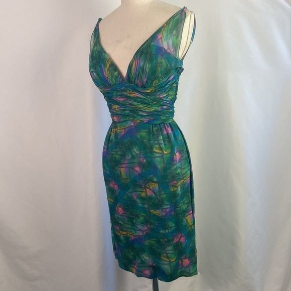 Green Print Pleated Bodice Vintage Dress