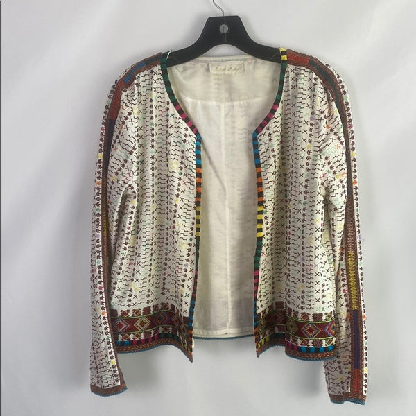 Anthropologie Cream Embroidered Open Front Jacket