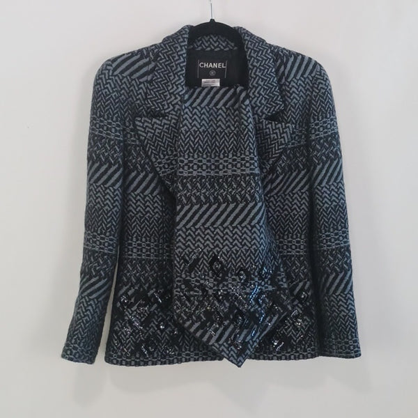 CHANEL  Gray Wool Print W Beads Jkt/ Skt/ Scarf.