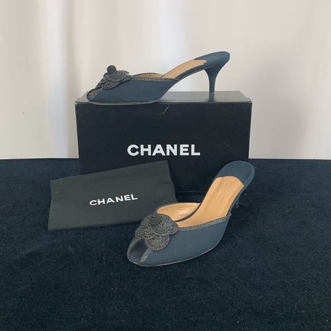Chanel Navy Fabric Mules With Flower