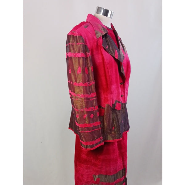 ROGER SAKOUN VINTAGE RED/METALLIC 3 PIECE SKIRT SUIT