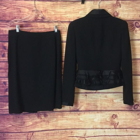 Valentino Black Satin Ruffle Wool Jacket Skirt Set