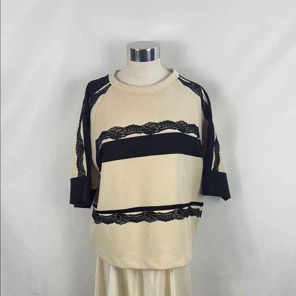 Roberto Cavalli Cream With Black Stripes And Lace Trim Top