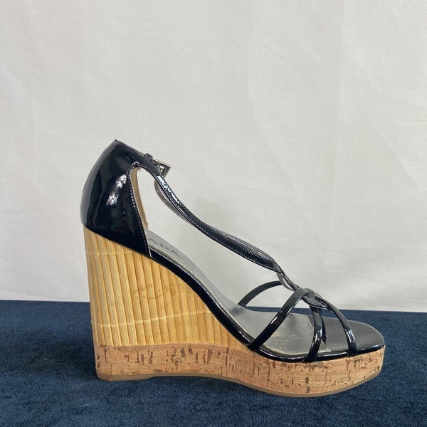 Prada Black Patent Straw Cork Wedges Sandals