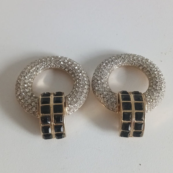 Ben Amun Large Black Rhinestone Clips Earrings.