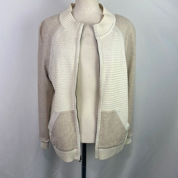 St John Cream Zip Mixed Media Knit Cardigan