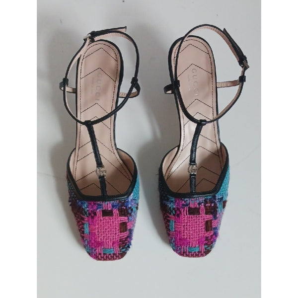 GUCCI DOUBLE G LOGO TWEED T'- STRAP PUMPS SANDALS.