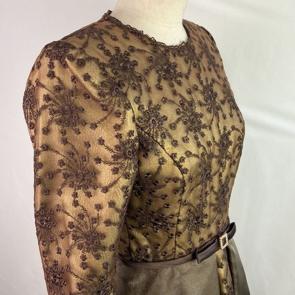 Saks Fifth Avenue Prince Vintage Brown Metallic Embroidery Fit Flare Dress