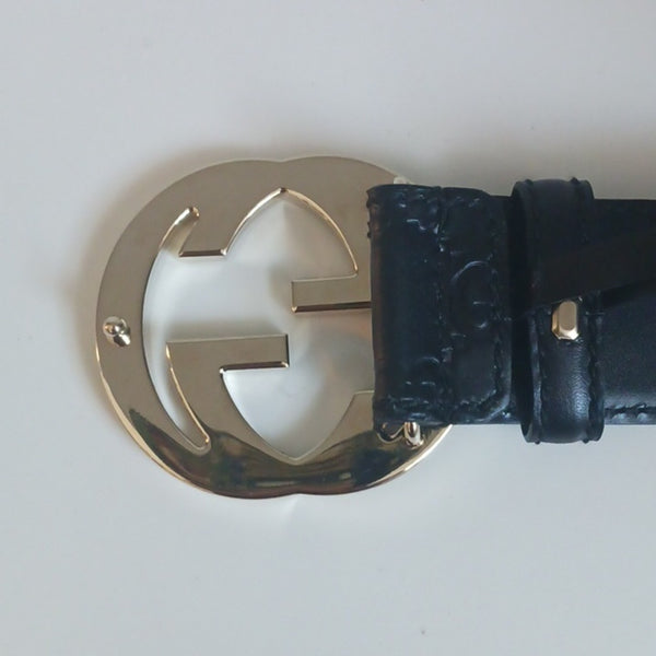 Gucci Black Guccissima Leather Embossed Belt with Gold GG Buckle