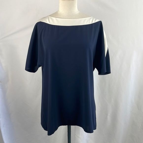 St. John Navy With Ivory Trim Silk Top