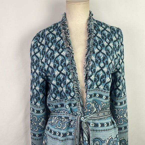 St John Blue Print Long Cardigan With Belt
