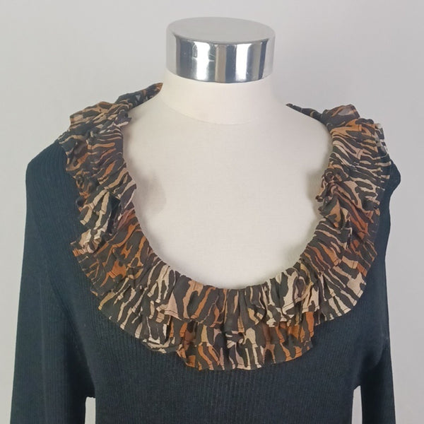 RIXO Black Knit Dress with Animal Print Details.