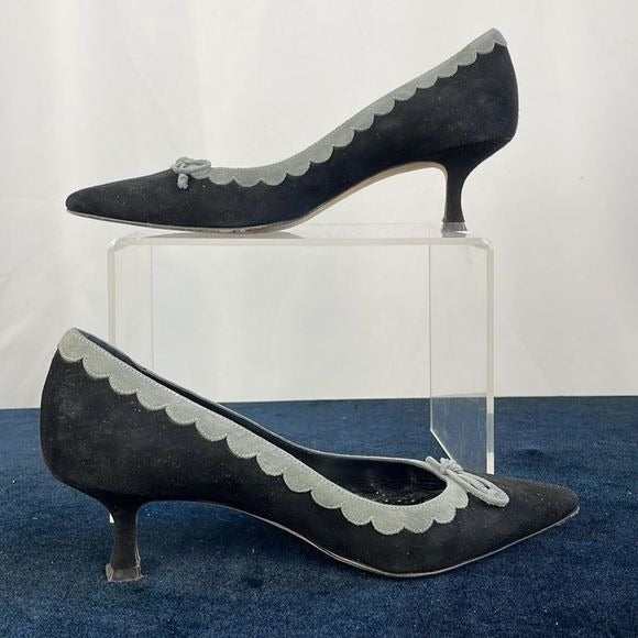 Manolo Blahnik Black and Grey Suede Kitten Heels