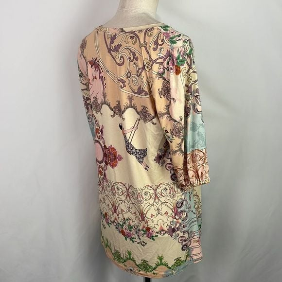 Johnny Was Pink Print w Art Deco Lady RARE Top