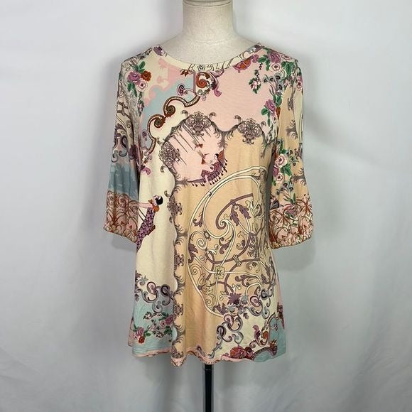 Johnny Was Pink Print w Art Deco Lady RARE Top