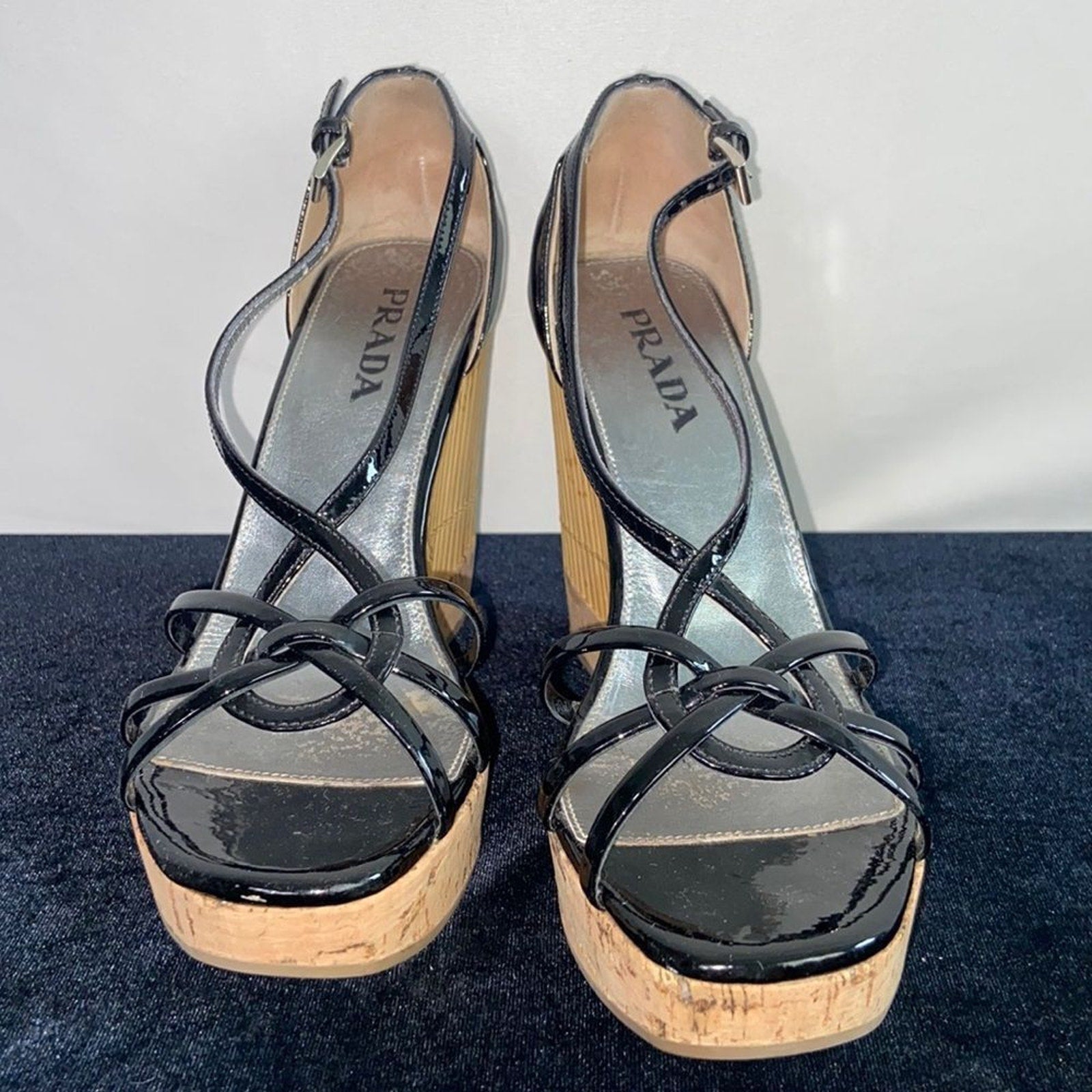 Prada Black Patent Straw Cork Wedges Sandals