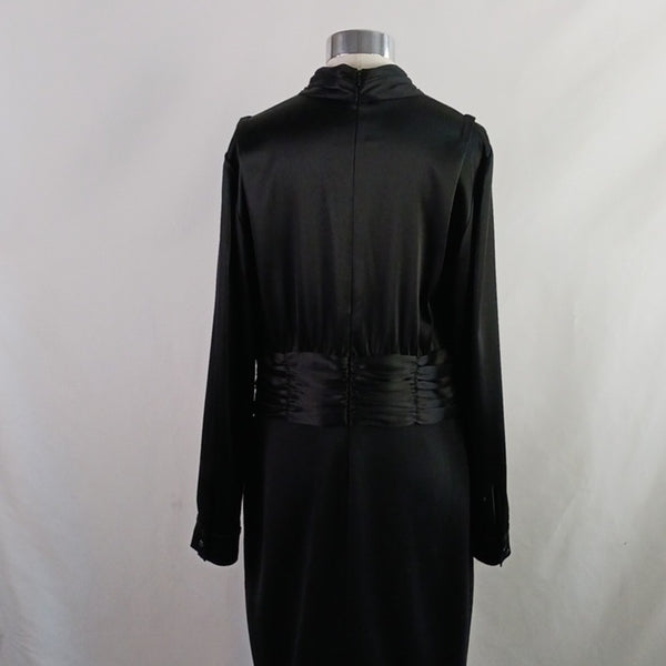 St. John Black Satin Tie Neck Top / Knit Bottom Long Sleeve Dress