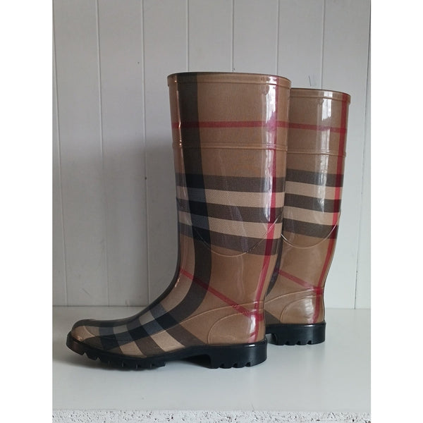 BURBERRY TAN PLAID RUBBER MID CALF RAIN BOOTS.