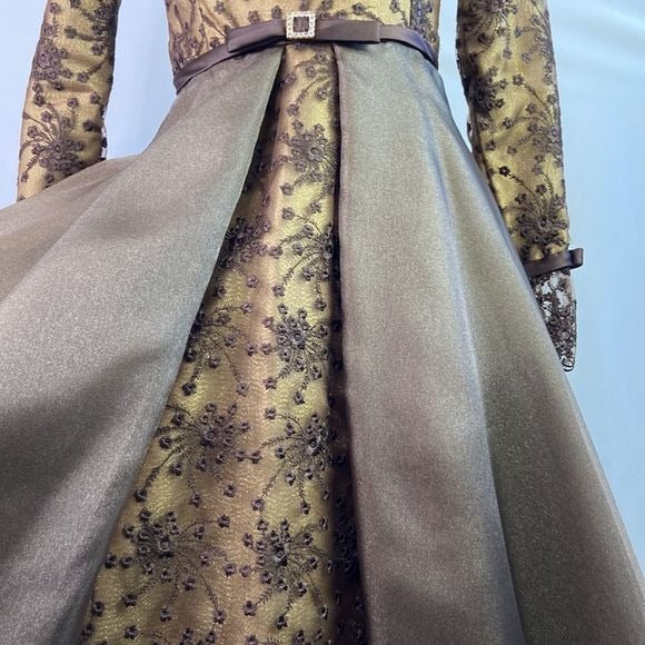 Saks Fifth Avenue Prince Vintage Brown Metallic Embroidery Fit Flare Dress