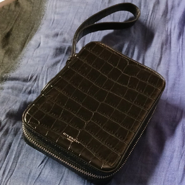 Givenchy Sm Black Crocodile-Pattern Leather Zip Clutch.