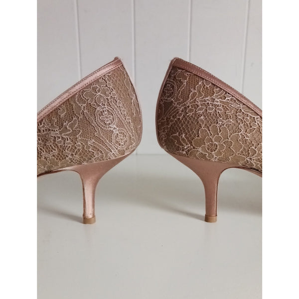 VALENTINO TAN LACE PEEP TOE W BOW PUMPS.
