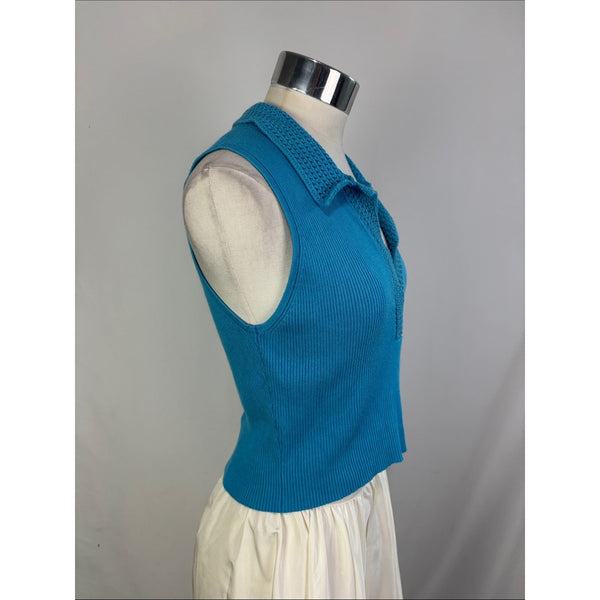 CAROLINE CONSTAS TURQUOISE CROP KNIT TANK TOP WITH COLLAR