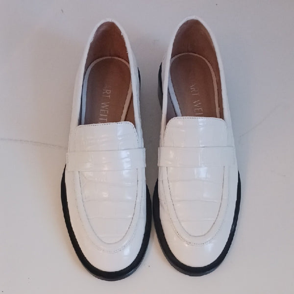 Stuart Weitzman White Croc Loafers.