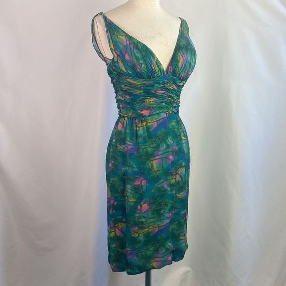 Green Print Pleated Bodice Vintage Dress