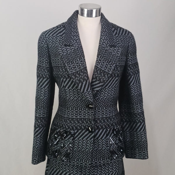 CHANEL  Gray Wool Print W Beads Jkt/ Skt/ Scarf.
