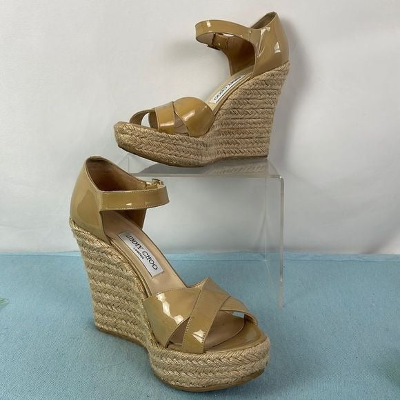 Jimmy Choo Tan Patent Straw Wedges