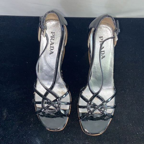 Prada Black Patent Straw Cork Wedges Sandals