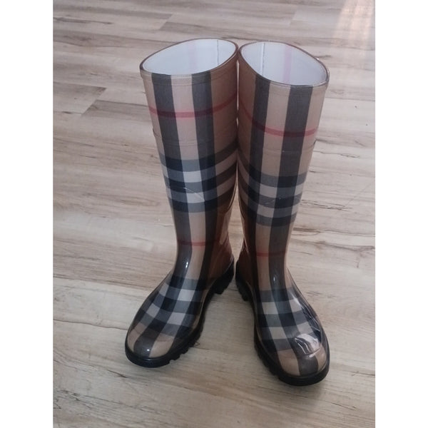 BURBERRY TAN PLAID RUBBER MID CALF RAIN BOOTS.