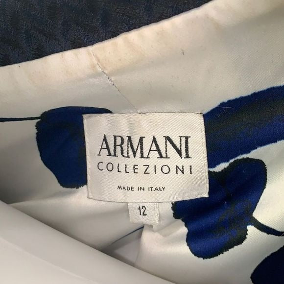 Armani Collezioni navy with blue print tie waist jacket