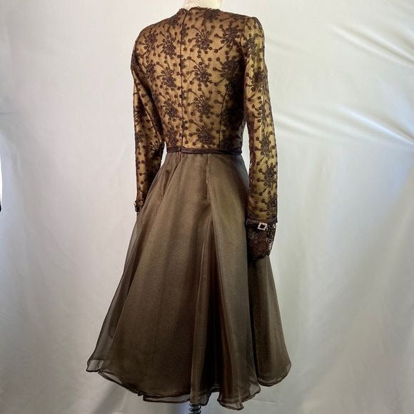 Saks Fifth Avenue Prince Vintage Brown Metallic Embroidery Fit Flare Dress