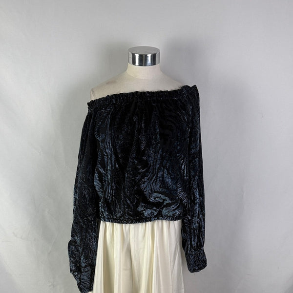 Anthropologie Blue Velvet Print Off Shoulder Top