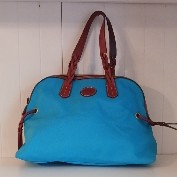 Dooney & Bourke Blue Canvas Tote With Leather Handles.