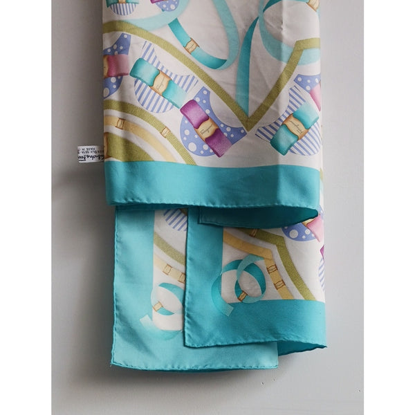 SALVATORE FERRAGAMO PASTEL AQUA RIBBON BUCKLE PRINT SCARF
