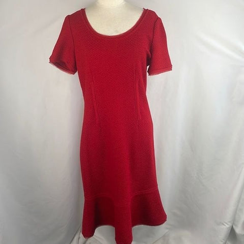St John Red Textured Knit w Ruffle Bottom Dress