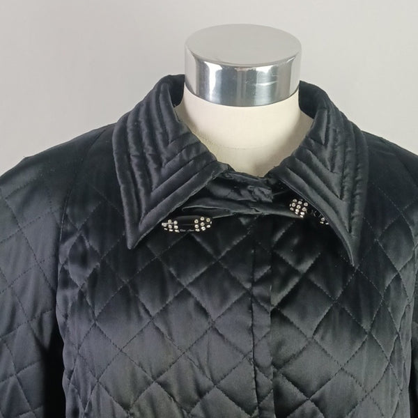 Valentino Vtg  Black Satin Quilted W Beaded Toggles Cape Coat.