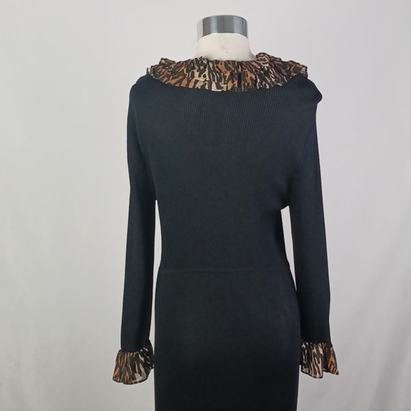 RIXO Black Knit Dress with Animal Print Details.