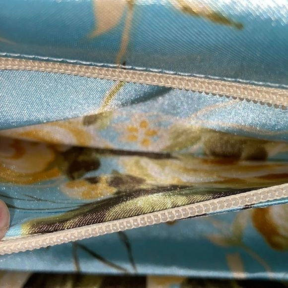 Glenda Geis Tan Turquoise Leaf Print Rec Kiss Lock Bag
