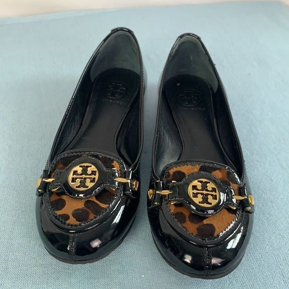 Tory Burch black patent flat with animal print