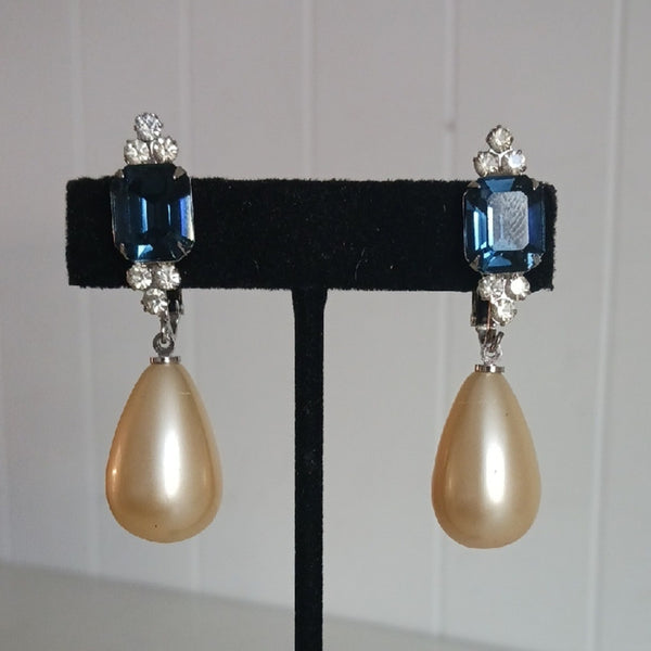 Kenneth Jay Lane Vintage Blue Stone and Large Pearl Clips Earrings.